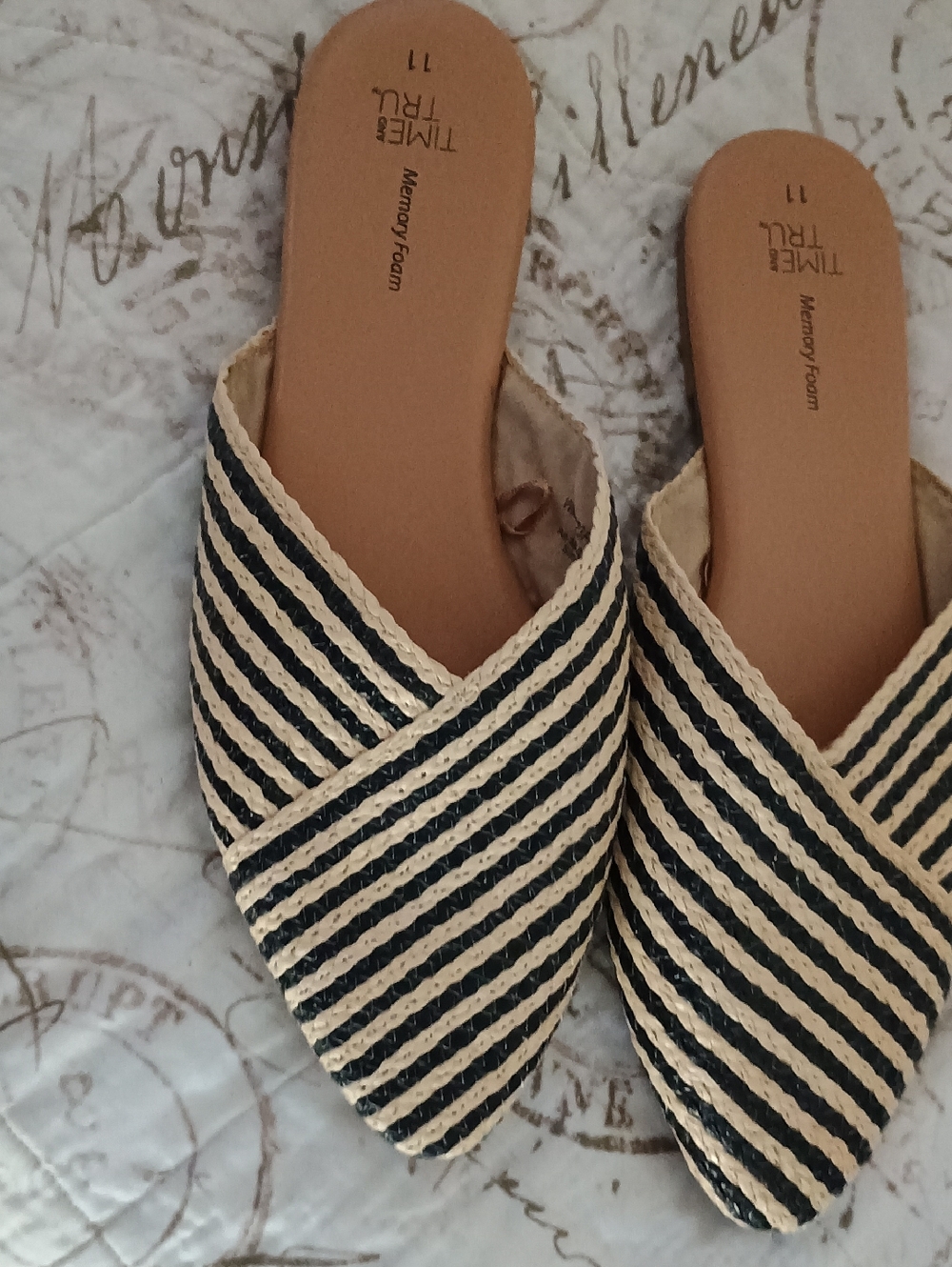 Time and Tru Black and Cream Striped Cross-Band Slide Mules